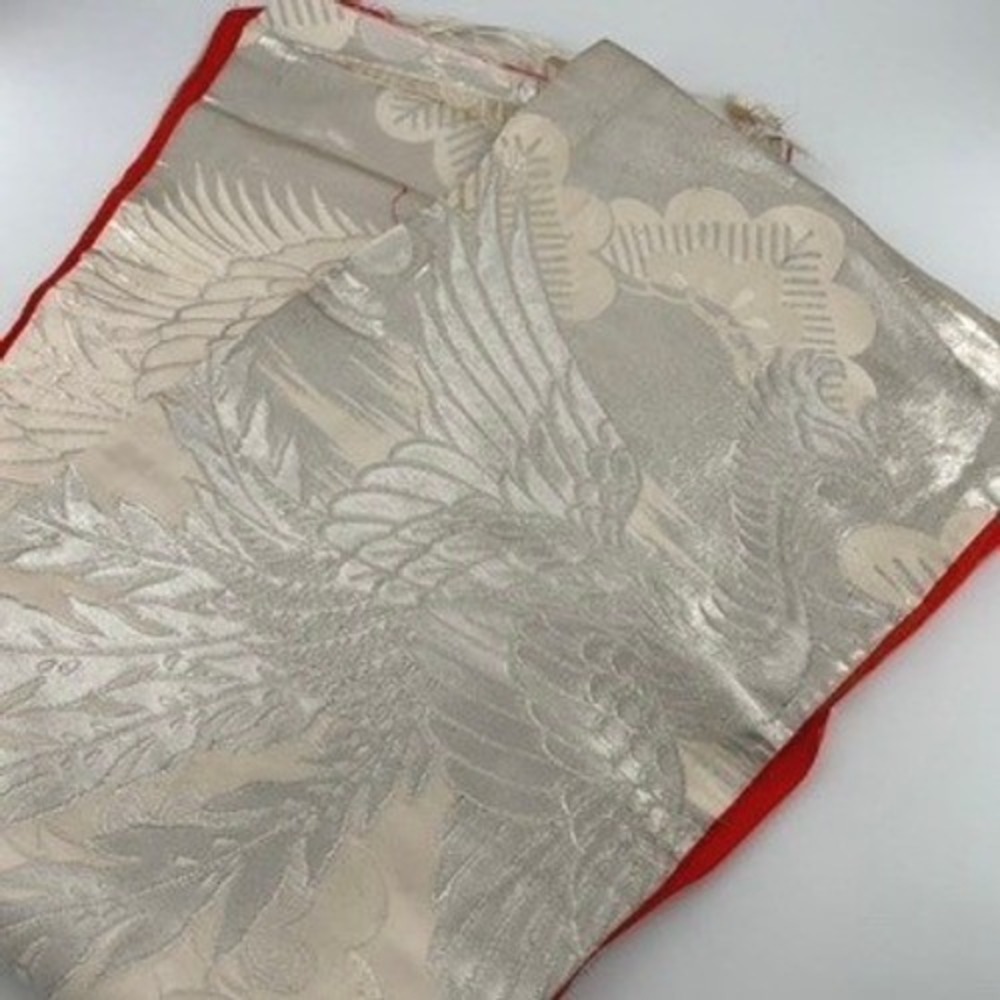 Stunning Vintage Japanese Obi Sash Crane Floral Silver Gold Red Silk Blend - Picture 2 of 4